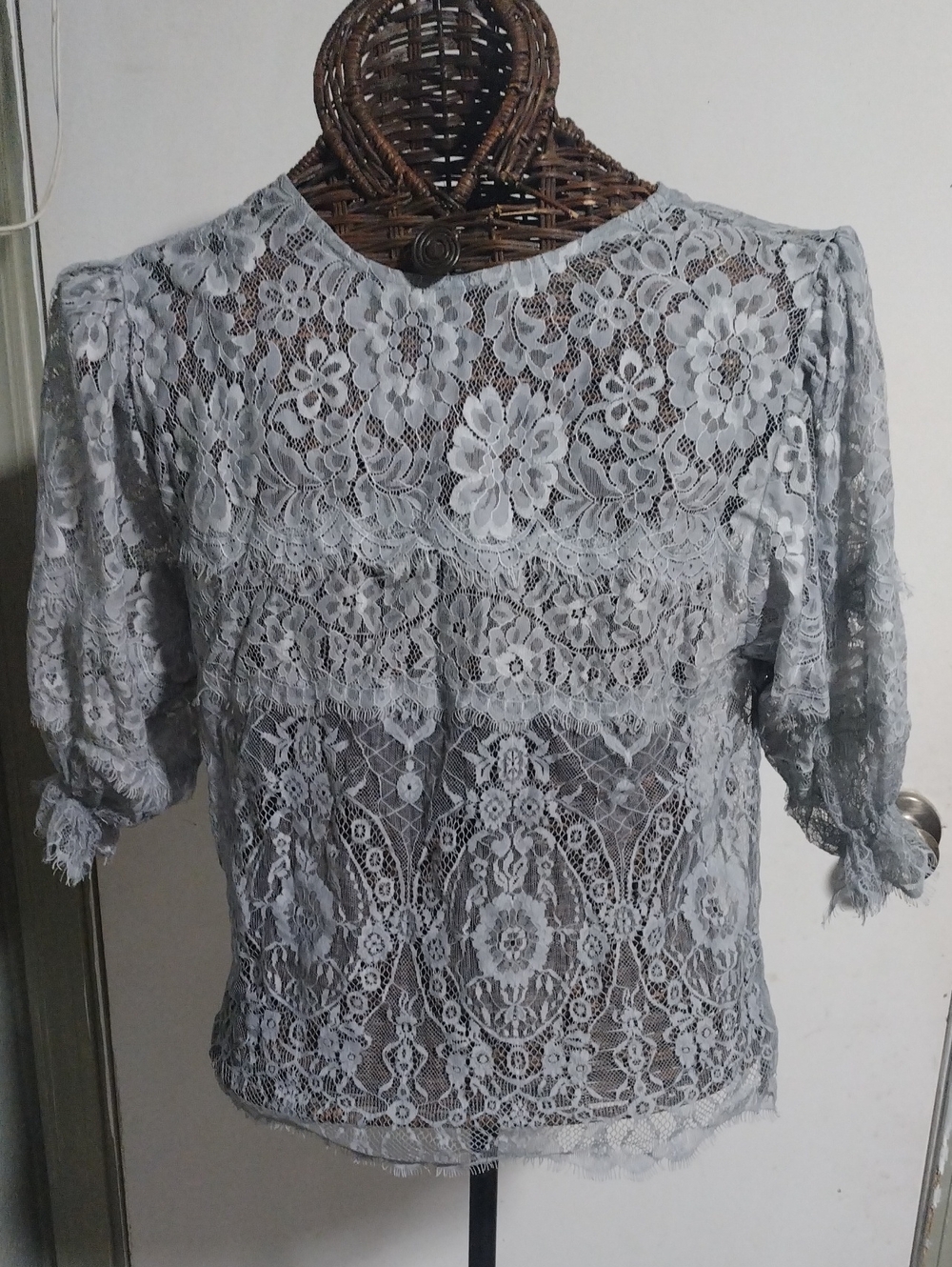 Sheer Floral Lace Blouse in Light Gray